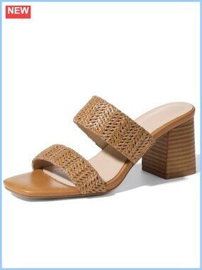 Raffia Heeled Sandals Square Open Toe Chunky Block Heels Double Strap Slip On